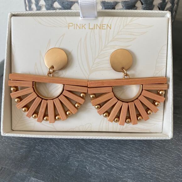 Pink Linen Boho Lightweight Wooden Half Circle Earrings NEW - Picture 6 of 6
